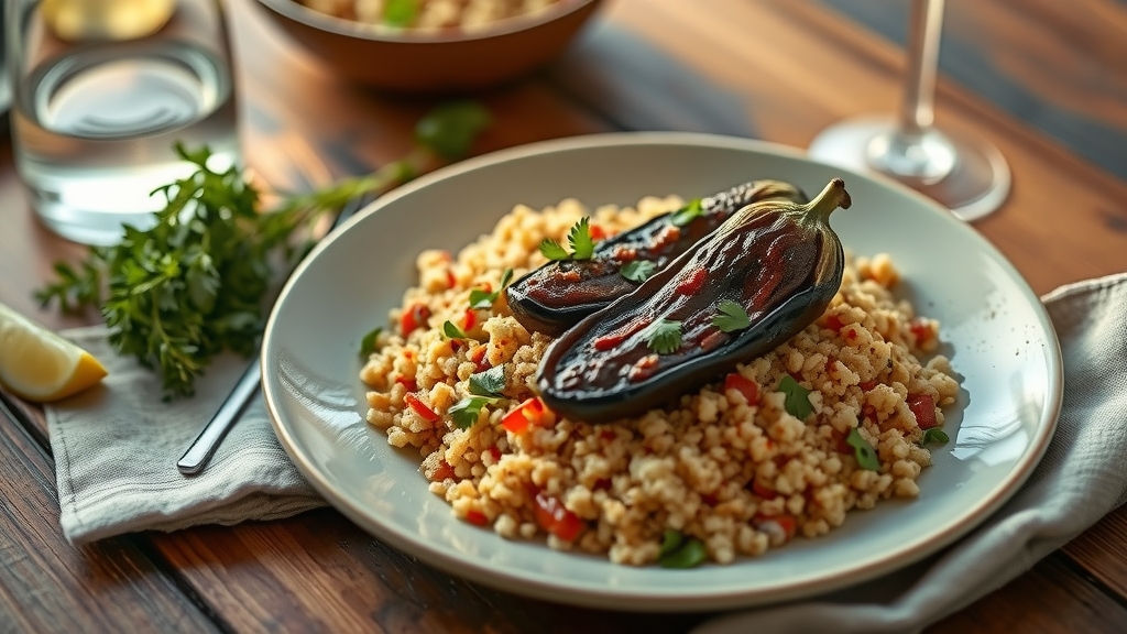 Harissa-Roasted Eggplant with Couscous - main dish recipe